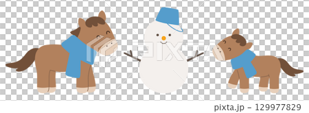 雪だるまを作る馬の親子のベクターイラスト。冬、午年、年賀状、干支、2026年 129977829
