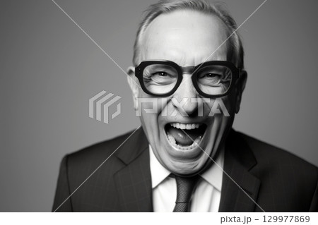 Joyful Older Man Laughing in Formal Attire Against a Neutral Background 129977869