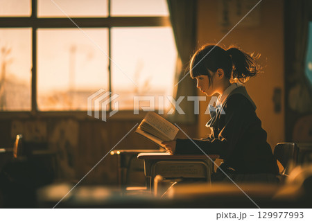 【学園イラスト素材】夕暮れの教室で本を読む女子生徒・青春と学びの情景 129977993