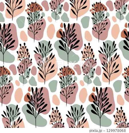 Vector seamless pattern with abstract leaves and organic shapes. Modern botanical design in flat style. 129978068