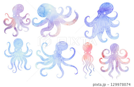 Vector set of watercolor octopus silhouettes isolated from background. Collection of colorful monster clip arts with tentacles 129978074