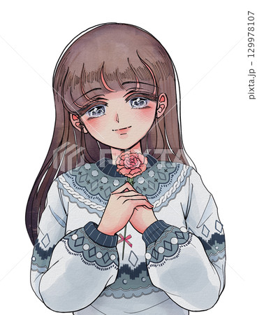 カーネーションの花を持って笑うレトロ少女漫画ヒロインのイラスト 129978107
