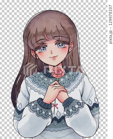 カーネーションの花を持って笑うレトロ少女漫画ヒロインのイラスト 129978107