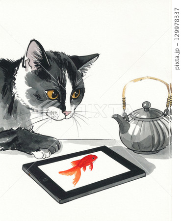 Mysterious Black Cat: An enigmatic black cat sits next to a teapot and smartphone Mysterious Black Cat: An enigmatic black cat sits next to a teapot and smartphone 129978337