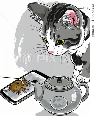 Curious Cat and Virtual Mouse: A whimsical scene featuring an inquisitive cat Curious Cat and Virtual Mouse: A whimsical scene featuring an inquisitive cat 129978338