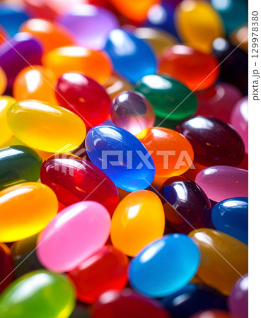 カラフルなジェリービーンズのクローズアップ(Colorful Jelly Beans Candy ) 129978380