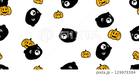 bear seamless pattern polar pumpkin halloween face head cartoon jack o lantern vector doodle black teddy tile background gift wrapping paper scarf isolated repeat wallpaper illustration design 129978384