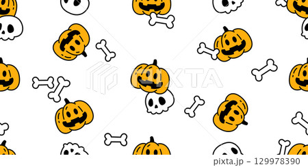 halloween pumpkin seamless pattern skull bone crossbones jack o lantern vector doodle cartoon character gift wrapping paper repeat wallpaper tile background scarf isolated 129978390