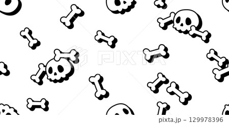 skull bone seamless pattern Halloween crossbones ghost spooky vector cartoon doodle gift wrapping paper tile background repeat wallpaper scarf isolated devil evil illustration design 129978396