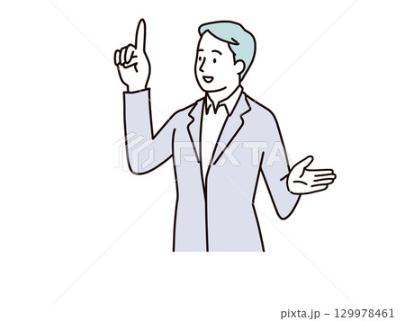 指差しで説明をする男性 上半身 指差しで説明をする男性 上半身 129978461