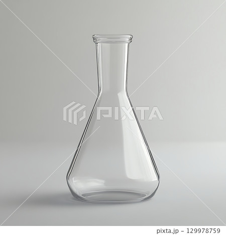 Empty glass flask with a flat base and neck. 129978759