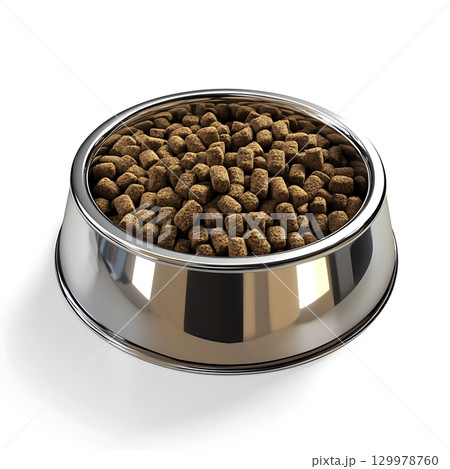 Silver dog bowl filled with dry pet food pellets. 129978760