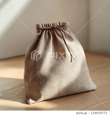 Natural cloth bag with a tied rope on a wooden surface 129978773