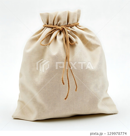 Fabric drawstring bag in soft sunlight on wooden table. 129978774