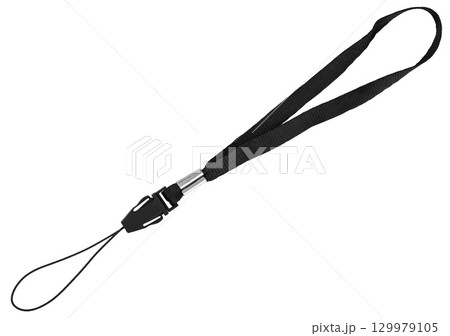 Wrist strap with adjustable loop, typically used to secure small electronic devices, on a white background in isolation 129979105