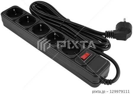 Network filter with five sockets, for computers or other low-power household appliances, on a white background in isolation Network filter with five sockets, for computers or other low-power household appliances, on a white background in isolation 129979111