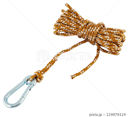 rope with carabiner, strong rope with metal carabiner, on a white background in isolation 129979124