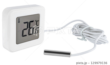 Battery-powered digital thermometer with external temperature sensor. 129979136