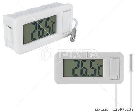 Electronic thermometer with a wired sensor for accurate readings. Electronic thermometer with a wired sensor for accurate readings. 129979138