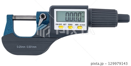 Electronic micrometer with LCD screen for precise measurements of parts. On a white background 129979143