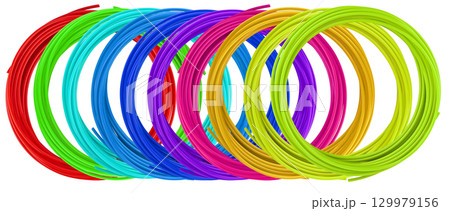 Colored spools with filament for 3D pens, odorless. On a white background in isolation Colored spools with filament for 3D pens, odorless. On a white background in isolation 129979156