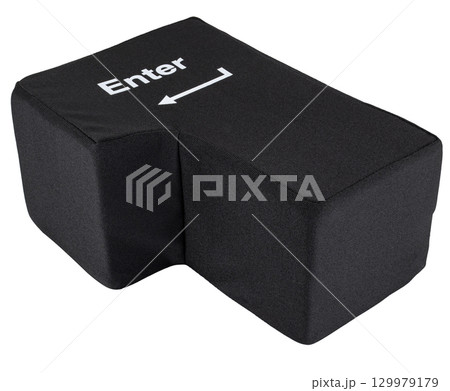 Enter button made of black material, fabric, on a white background in isolation 129979179
