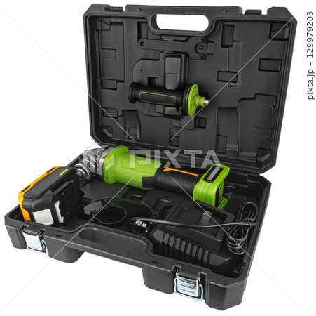 Power tool, angle grinder, complete with plastic case, on white background 129979203