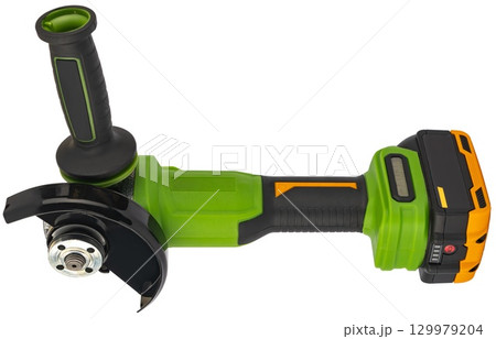 Cordless angle grinder for cutting and grinding metal. On a white background 129979204