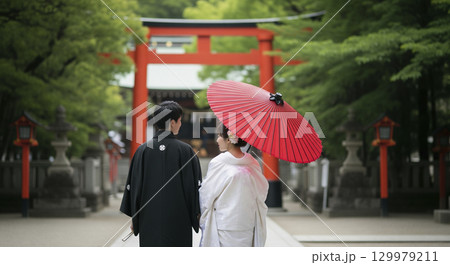 新郎新婦の和装ブライダルフォト　神社にて 129979211