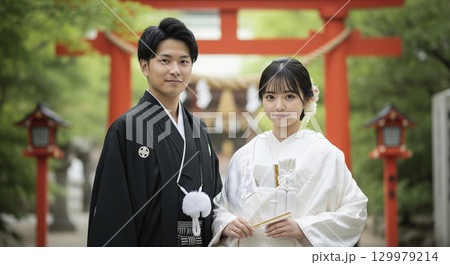 新郎新婦の和装ブライダルフォト　神社にて 129979214