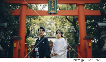 新郎新婦の和装ブライダルフォト　神社にて 129979215
