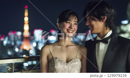 新郎新婦　夜景を背景にしたシティウェディング 129979226