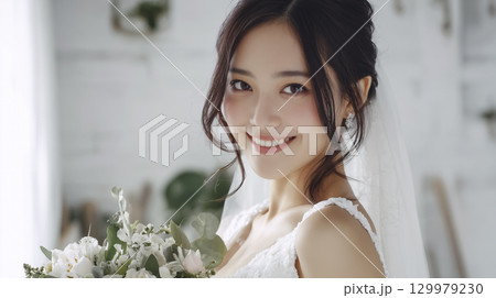 チャペルで結婚式　新婦のクローズアップ　ブライダルフォト 129979230