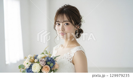 チャペルで結婚式　新婦のクローズアップ　ブライダルフォト 129979235