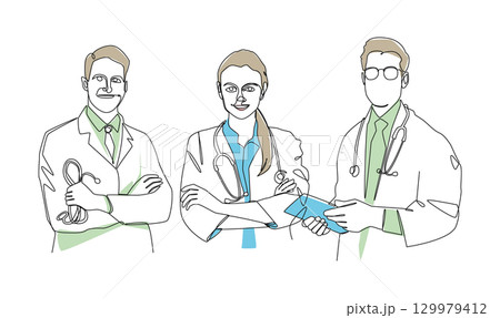Set of minimalist continuous line art drawing illustrations of doctors . Editable stroke . Vector . 129979412