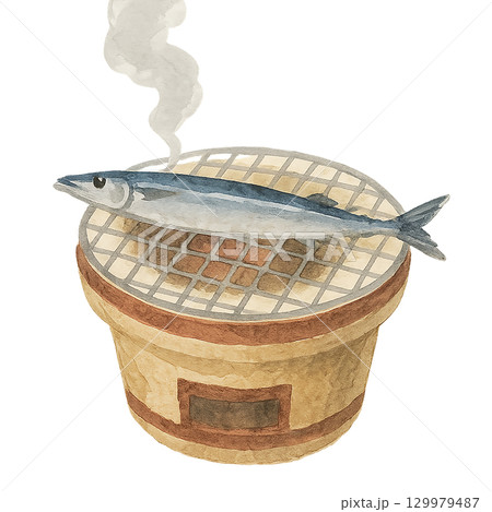 煙の上がる七輪で焼かれる秋刀魚のイラスト(秋の味覚) 煙の上がる七輪で焼かれる秋刀魚のイラスト(秋の味覚) 129979487