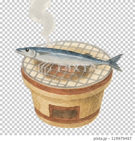 煙の上がる七輪で焼かれる秋刀魚のイラスト(秋の味覚) 煙の上がる七輪で焼かれる秋刀魚のイラスト(秋の味覚) 129979487