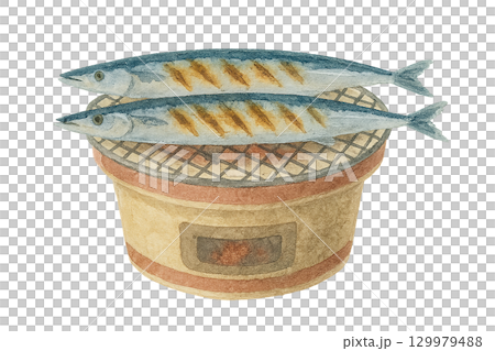 Illustration of two saury fish grilled on a charcoal grill (watercolor style, autumn flavors) Illustration of two saury fish grilled on a charcoal grill (watercolor style, autumn flavors) 129979488
