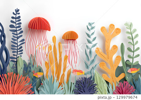 美しい海とクラゲとサンゴのイラスト 129979674