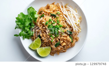 Pad thai noodles with shrimp and tofu garnished with lime and coriander 129979748