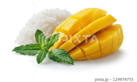 Delicious mango sticky rice with coconut milk drizzled on white plate Delicious mango sticky rice with coconut milk drizzled on white plate 129979755