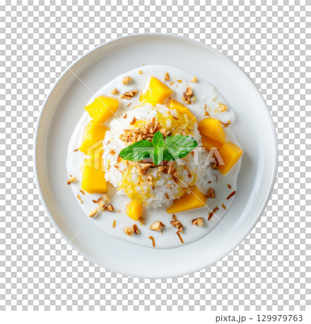 Delicious mango sticky rice with coconut milk drizzled on white plate 129979763