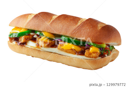 Delicious pulled pork sandwich with fried egg and fresh curly lettuce 129979772