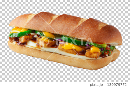 Delicious pulled pork sandwich with fried egg and fresh curly lettuce 129979772