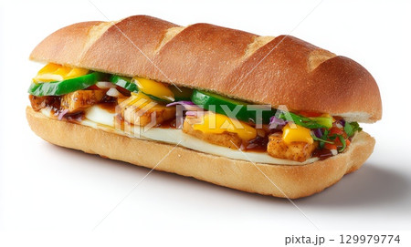 Delicious pulled pork sandwich with fried egg and fresh curly lettuce 129979774