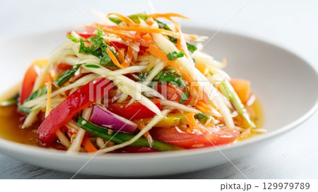 Papaya salad with green papaya, tomatoes, carrots, and herbs 129979789
