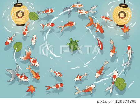 水面に映る灯りと紅葉、金魚すくいの祭り風景 129979809