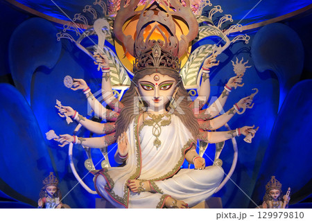 The Goddess Durga in a Vibrant Pandal Display at Chetla Agrani Club South Kolkata The Goddess Durga in a Vibrant Pandal Display at Chetla Agrani Club South Kolkata 129979810