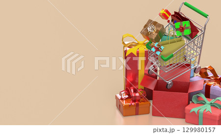 The Shopping Cart and Gift box for Holiday promotion concept 3d Rendering. The Shopping Cart and Gift box for Holiday promotion concept 3d Rendering. 129980157