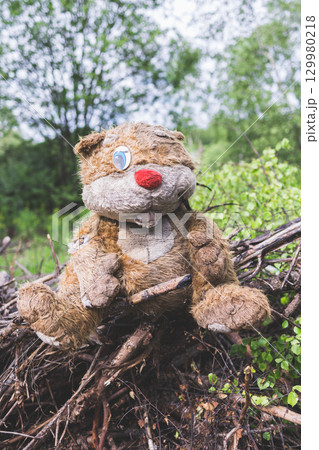 Abandoned teddy bear without an eye. Abandoned plush toy. Abandoned teddy bear without an eye. Abandoned plush toy. 129980218